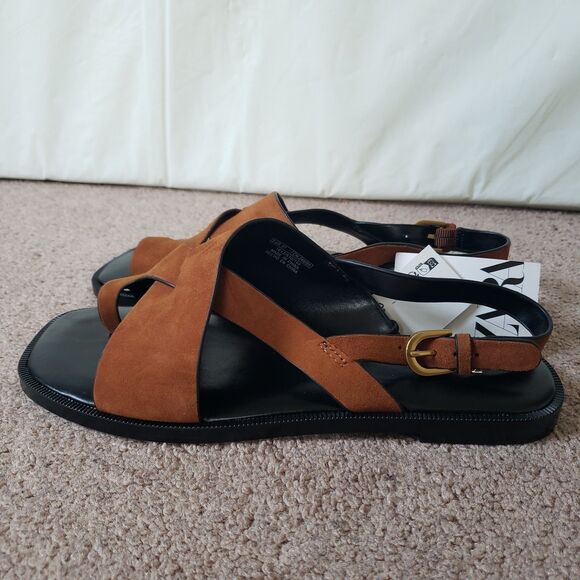 Zara Nwt Suede Leather Slide Strappy Sandals Toe Loop Metal Buckle Sz 6.5 Brown - Picture 5 of 13